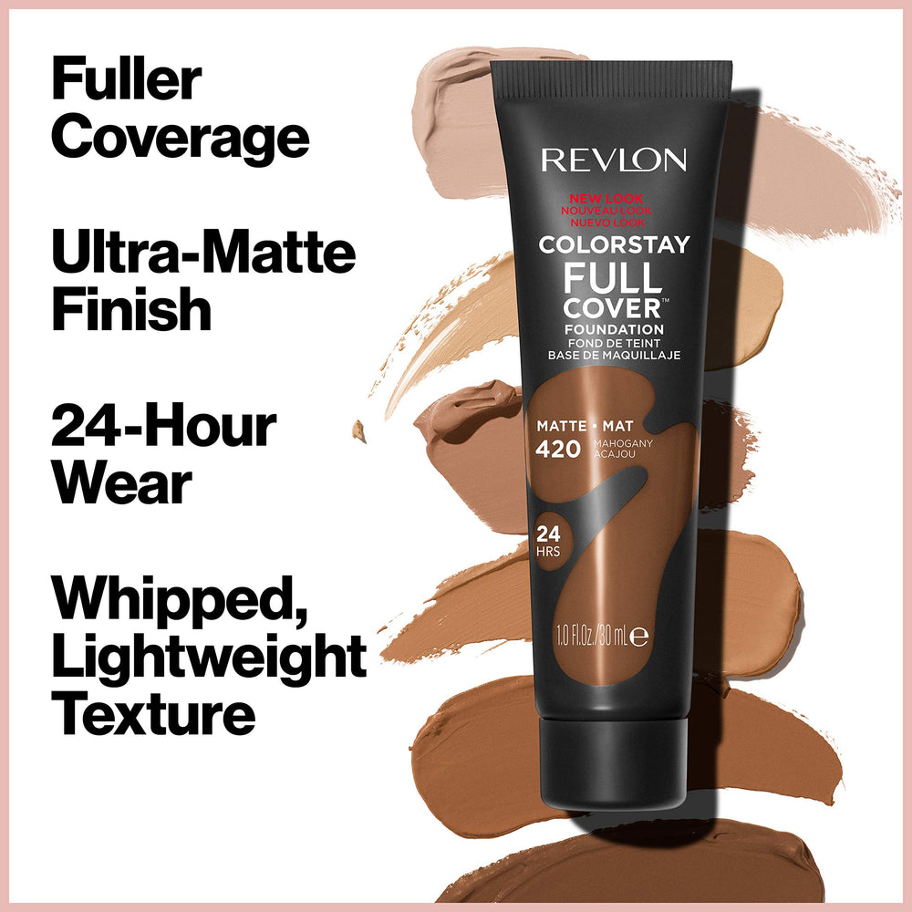 Textura mousse ligera de Revlon ColorStay Full Cover para un acabado mate suave.