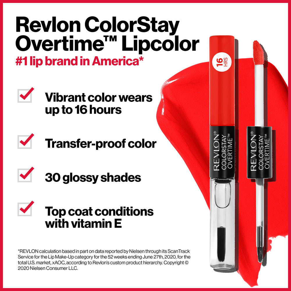 Revlon ColorStay Overtime Lipcolor con vitamina E cuida labios durante el uso.