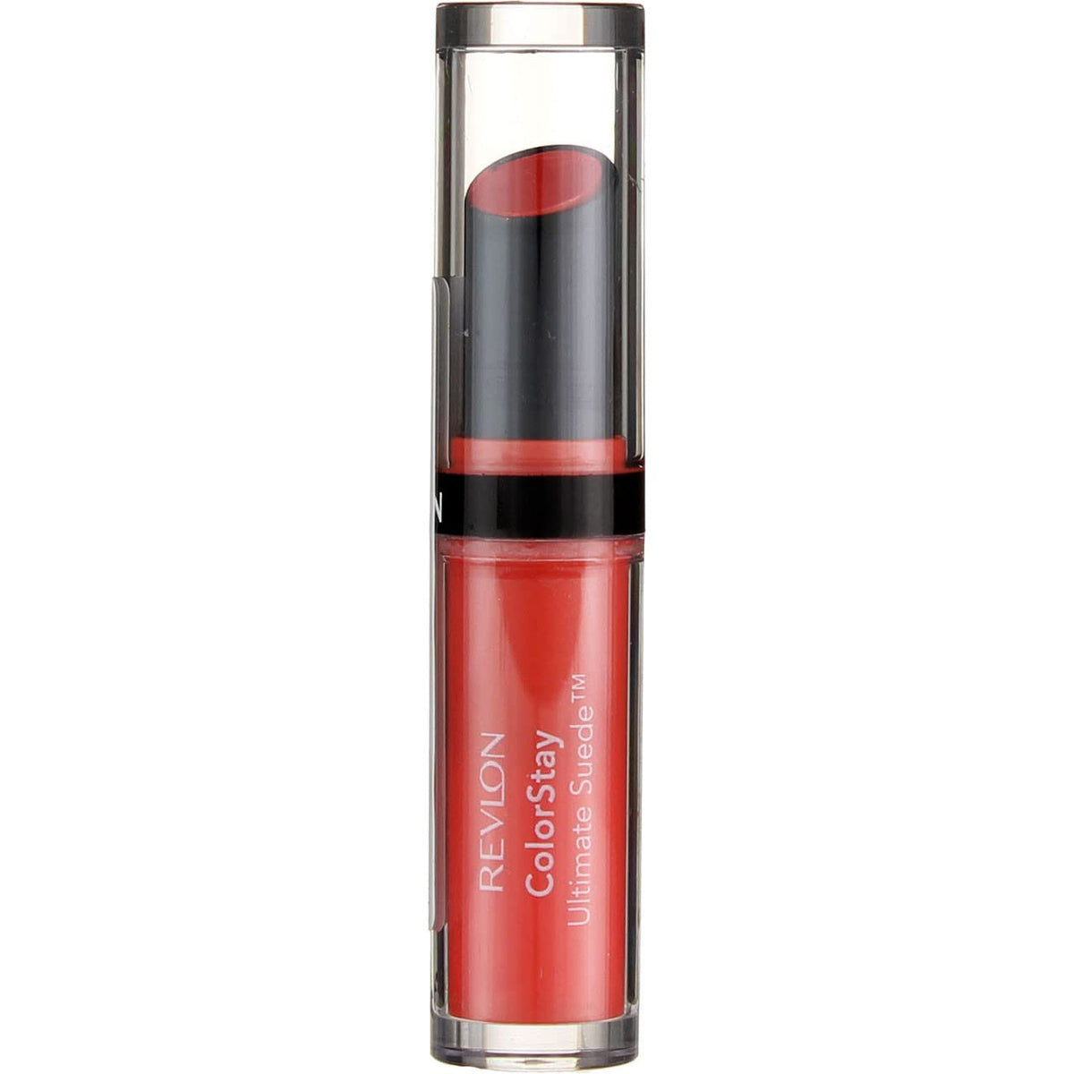 REVLON ColorStay Ultimate Suede labial frente, acabado sedoso y color duradero.