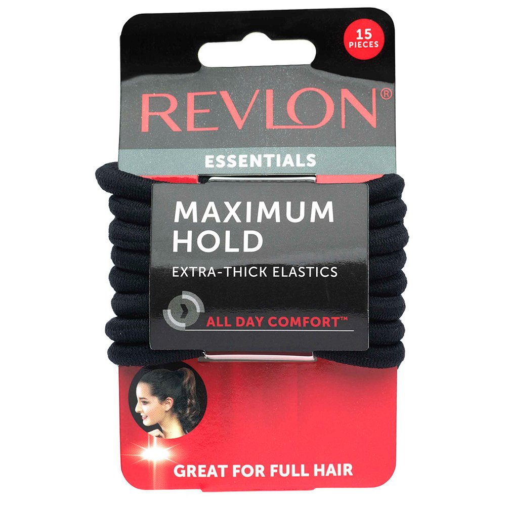 Elásticos Revlon extra gruesos negros con empaque de 15, sujeción duradera para todo el día.