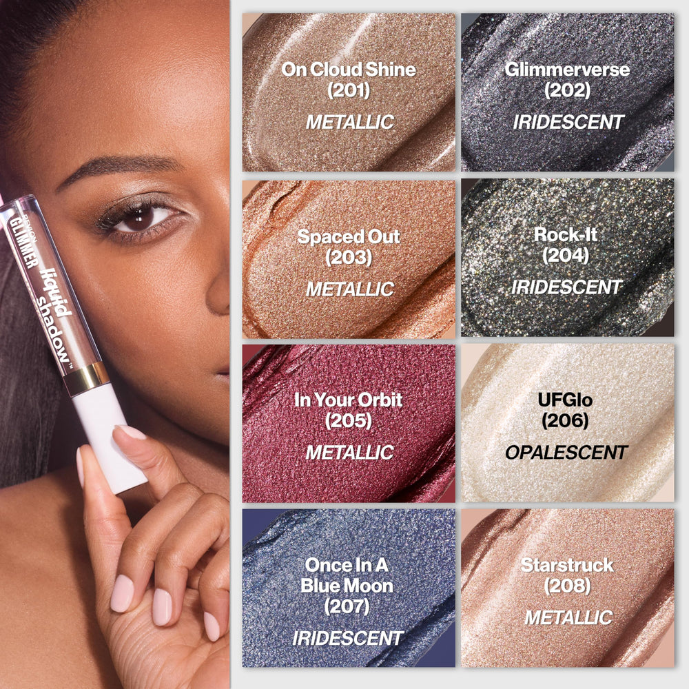 Empaque compacto de REVLON Glimmer Liquid Shadow para retoques rápidos.