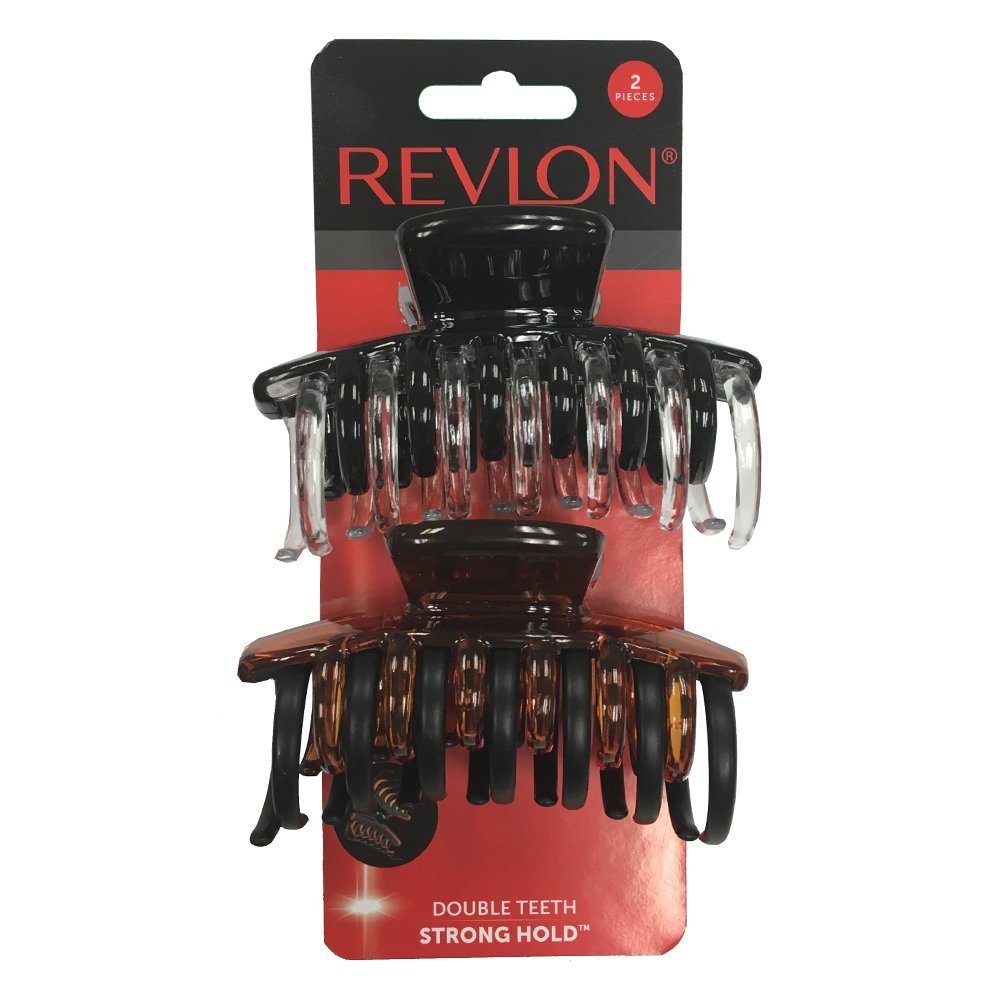 Pinzas REVLON de pelo con dientes dobles en marrón-negro para agarre seguro.