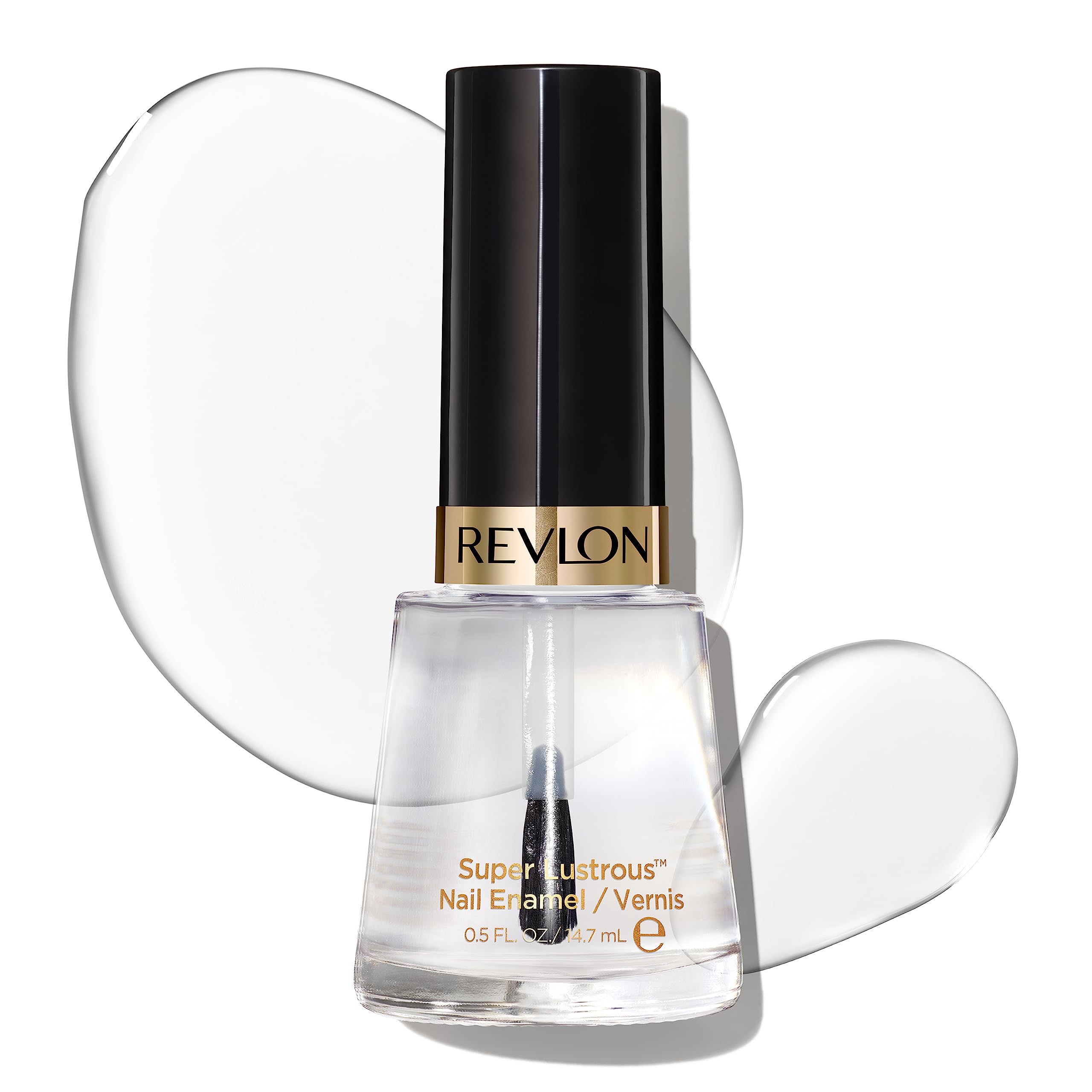 Esmalte claro de Revlon, frasco visible, acabado brillante y limpio.