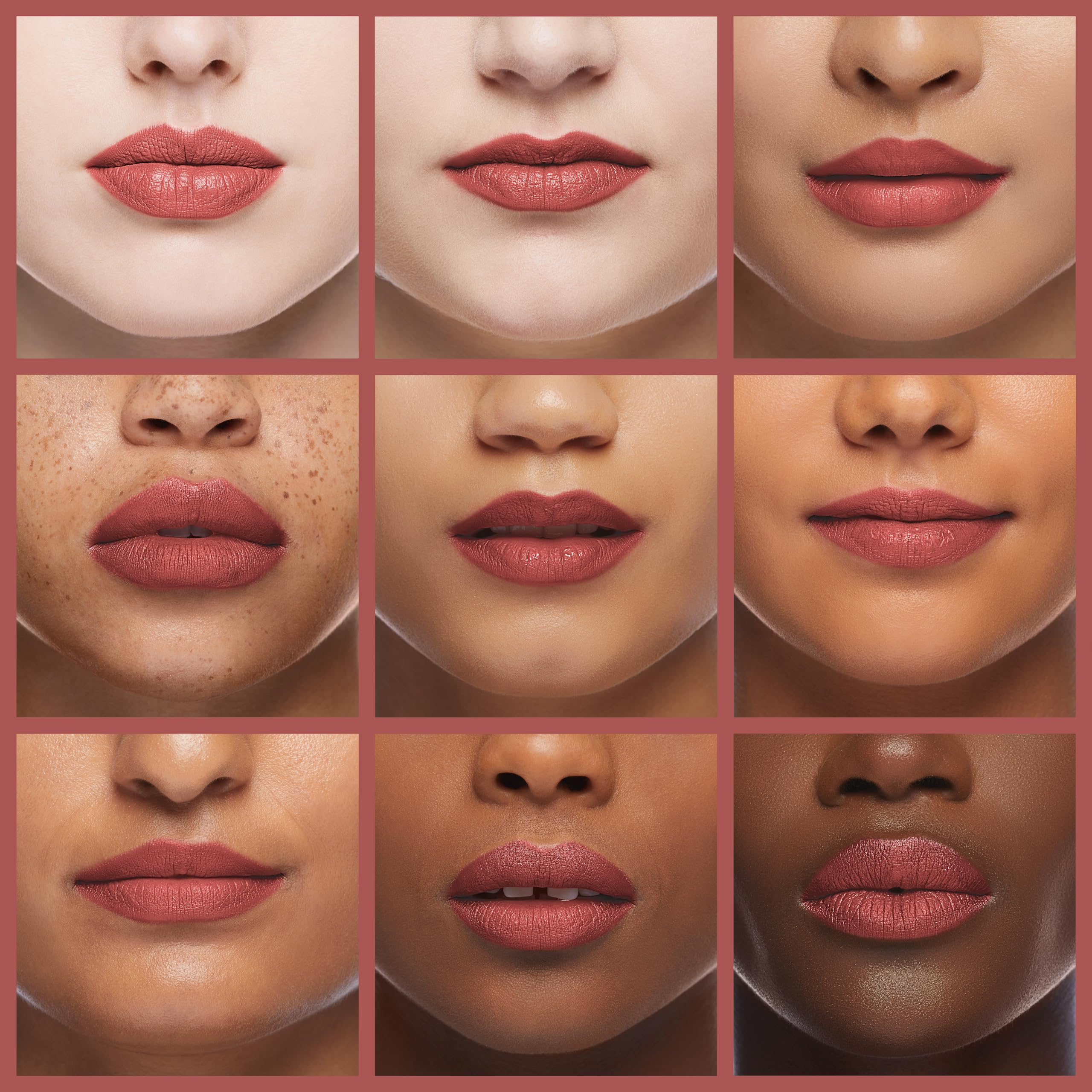 REVLON Ultra HD Matte Lipcolor Embrace en labios, color marrón beige que realza y hidrata.