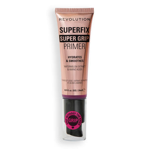 Primer Superfix Grip de Revolution Beauty London, bote visible, base hidratante y duradera.