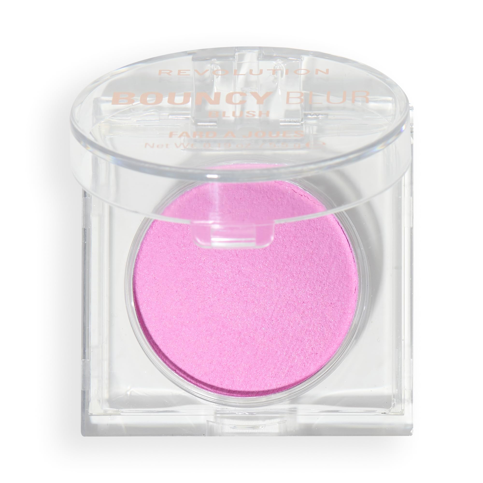 Revolution Beauty London Bouncy Blur Blush, muestra textura esponjosa para pómulos con color suave.