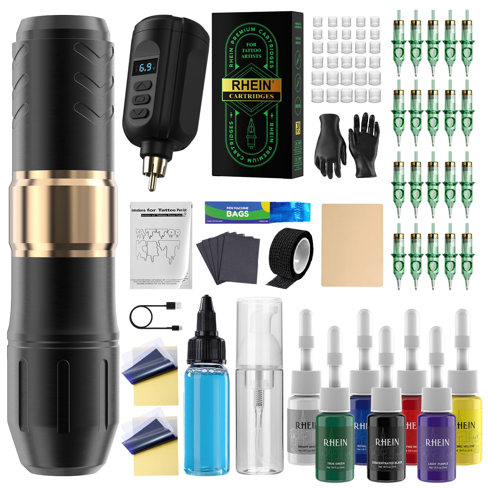 RHEIN Tattoo Pen Kit con batería integrada para sesiones sin cables y mayor libertad.