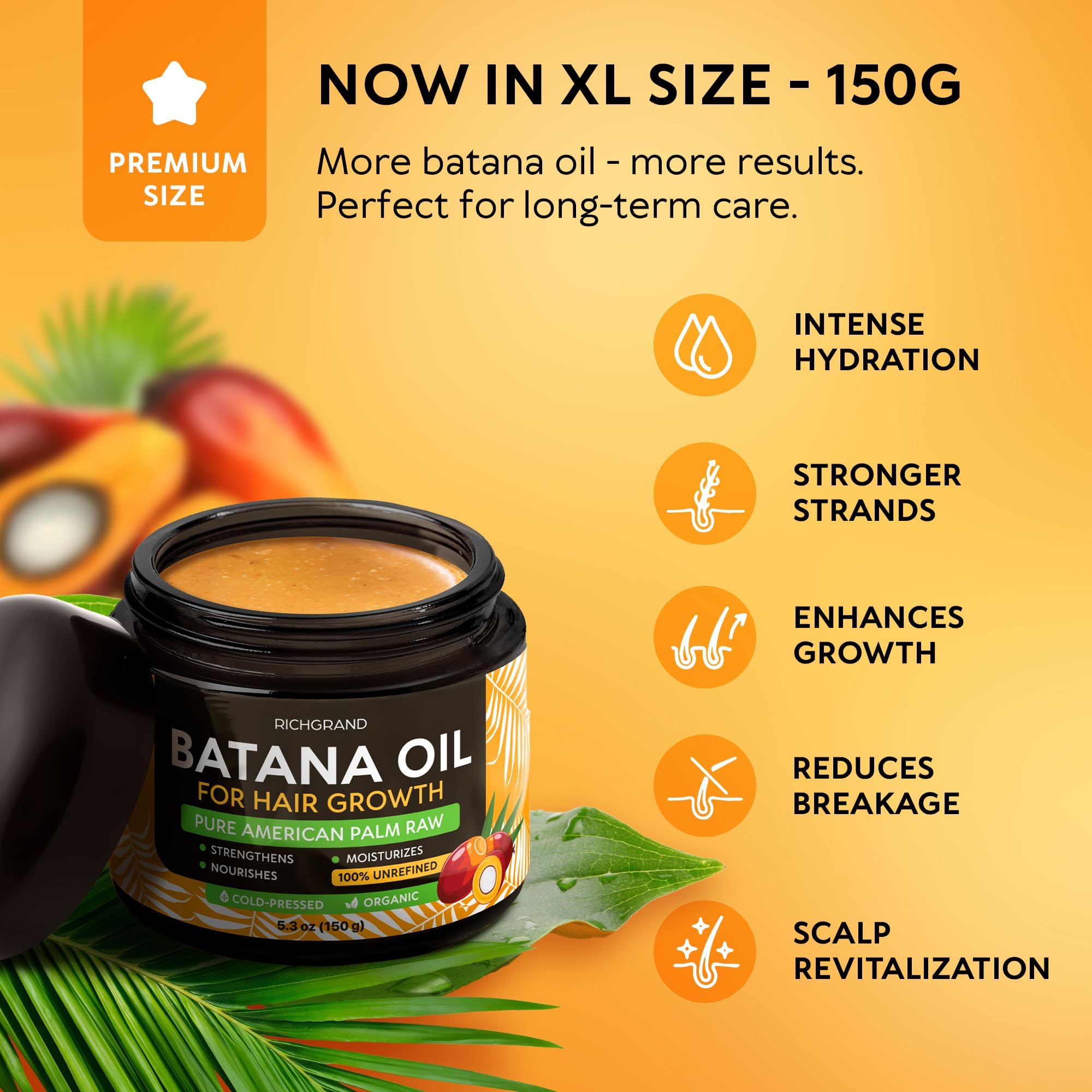 RICHGRAND Aceite de Batana tarro en primer plano, hidratación profunda para cabello y piel.