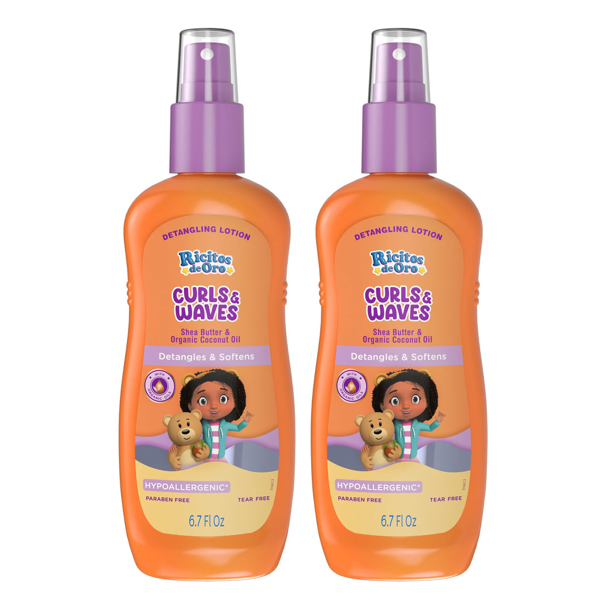 Ricitos de Oro Detangler Spray: botella visible para desenredar rizos con suavidad.