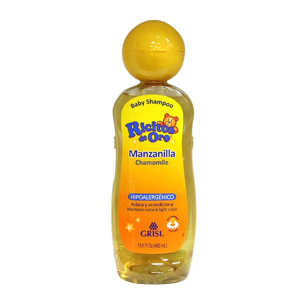 Champú de manzanilla Ricitos de Oro en botella, cabello suave y tono natural.