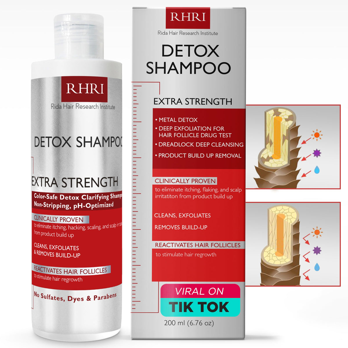 Rida champú desintoxicante botella, limpieza profunda para cabello sin acumulación.