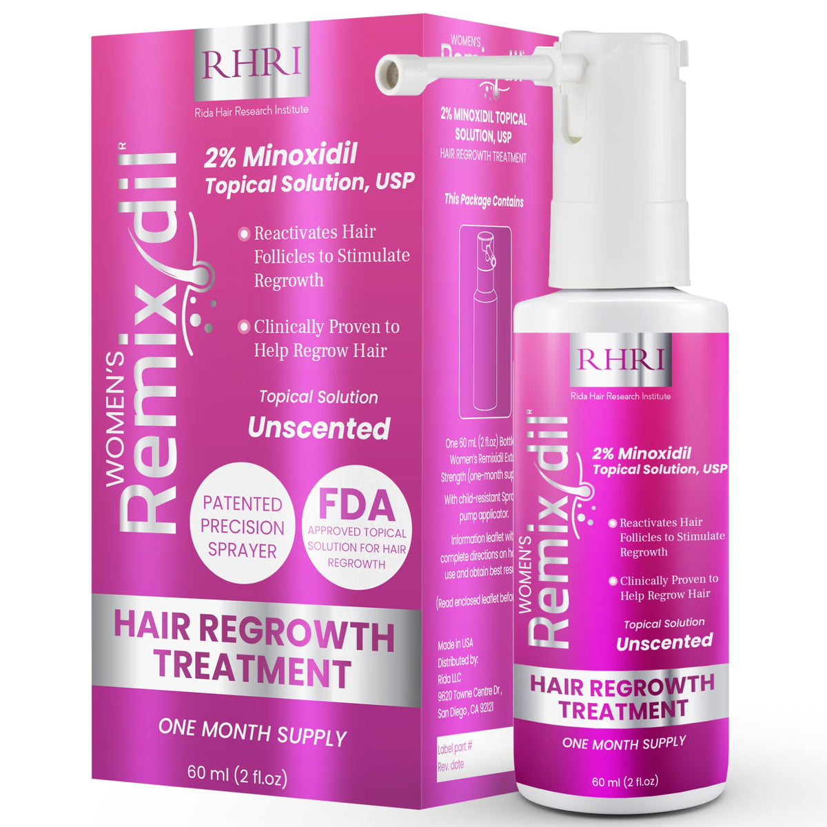 Rida Hair Research Institute frasco Minoxidil 2% para mujeres, uso diario en el cuero cabelludo