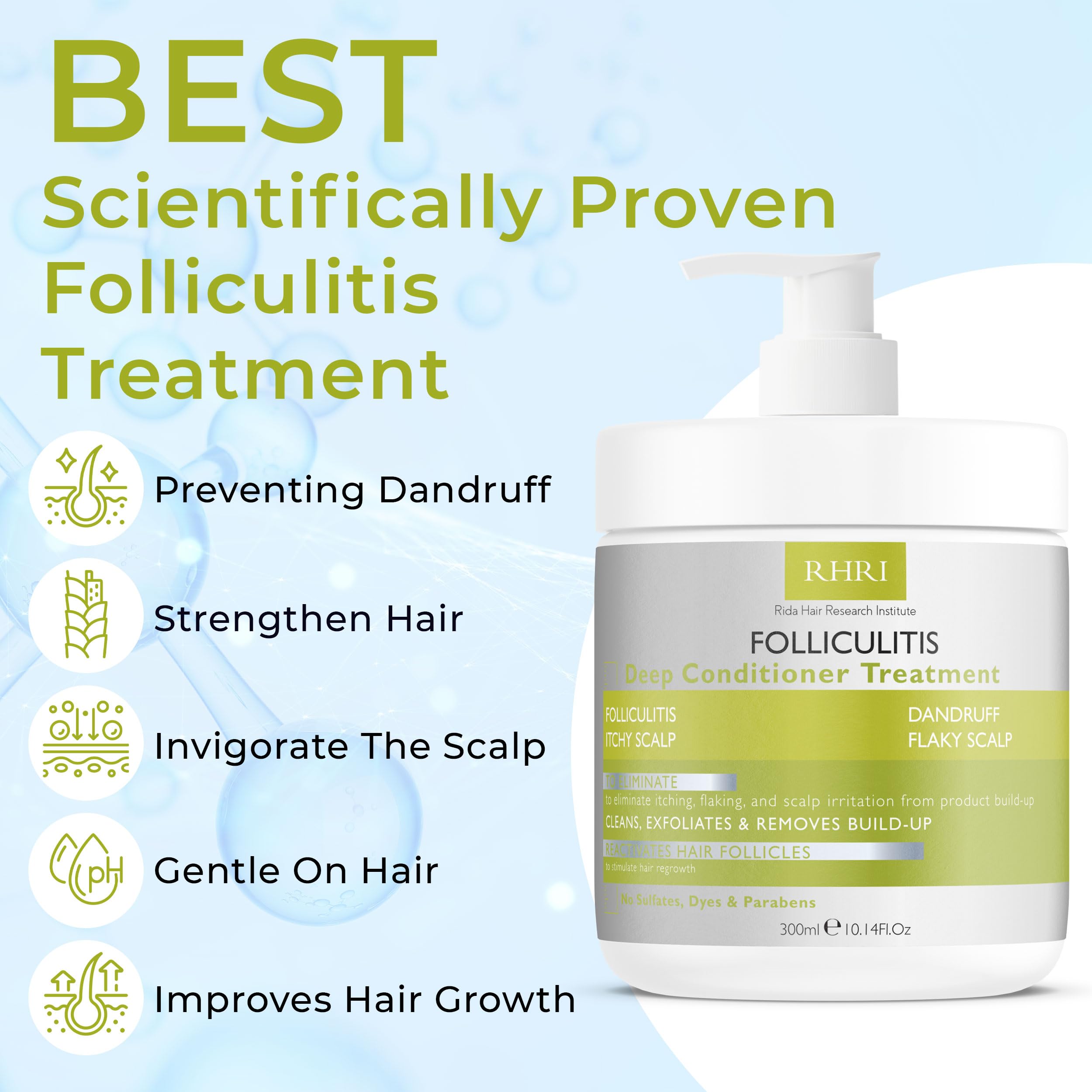 Rida Hair Research Institute Foliculitis Deep Conditioner, mano sosteniendo botella y sensación de frescura