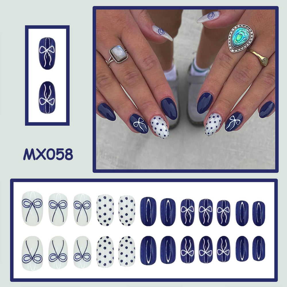 RIICFDD diseño con puntos y lazo, uñas azules para noches