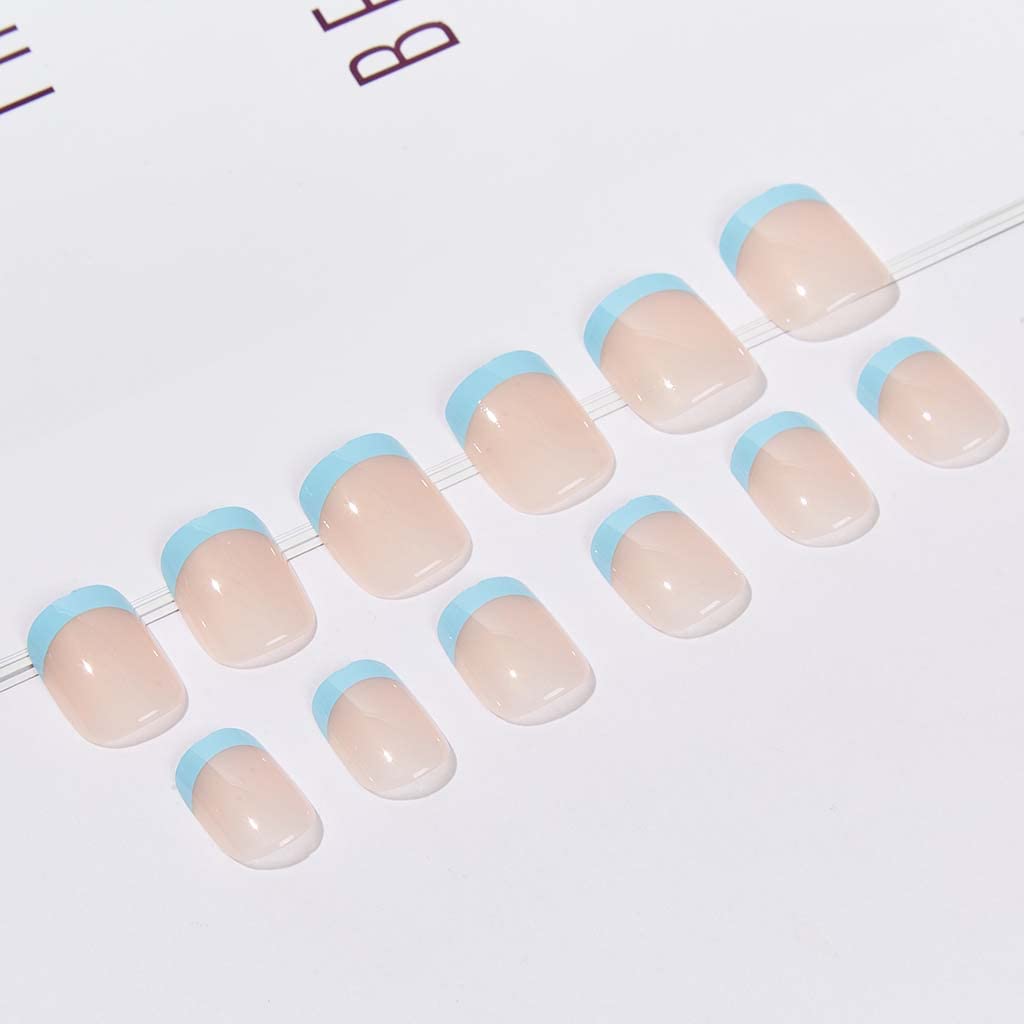 RikView paquete 24 uñas prensa frances oval azul, listo para aplicar.