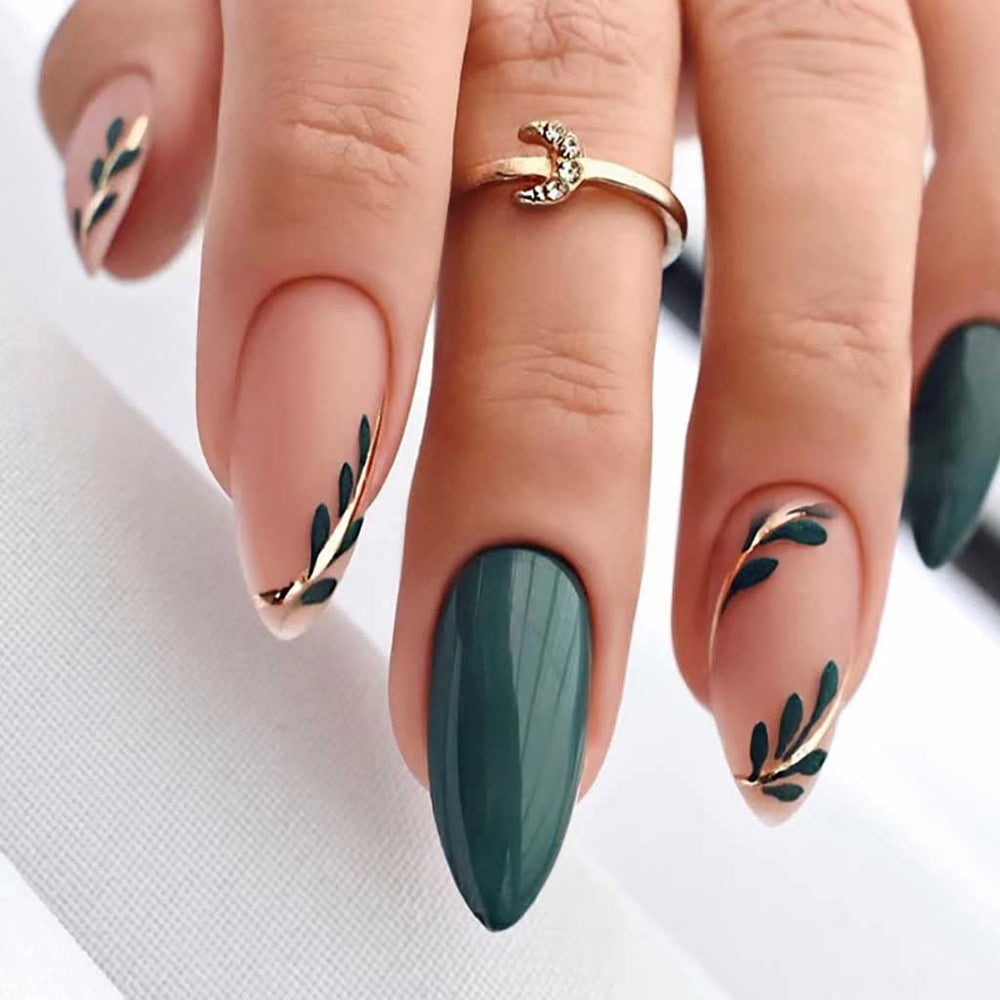 RikView uña postiza verde en forma de almendra para un look premium y duradero