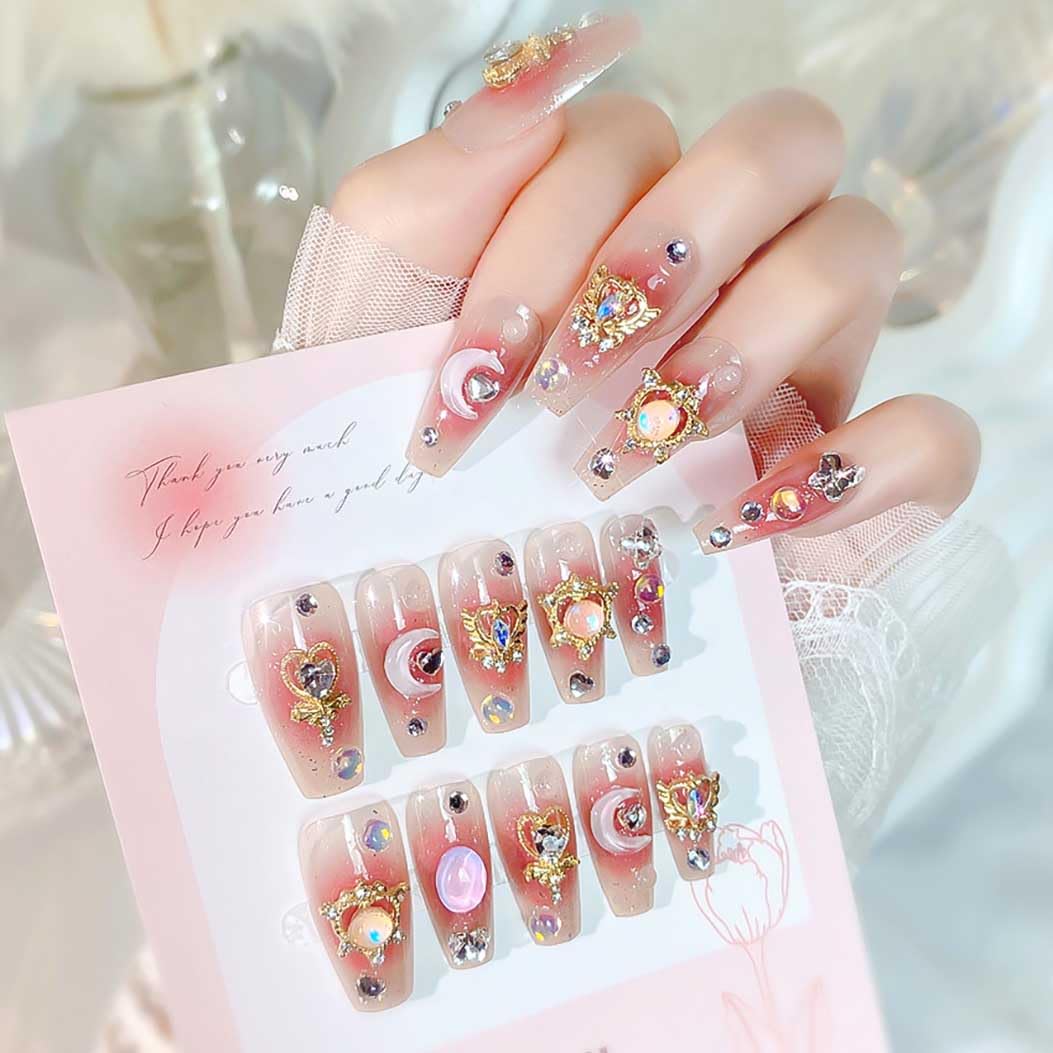 RikView uñas postizas rosas 3D con diseño brillante para acabado pulido