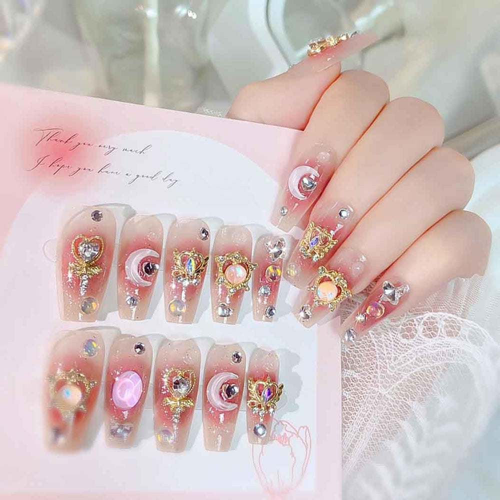 RikView uñas postizas rosas 3D en forma ataúd con brillo para look sofisticado