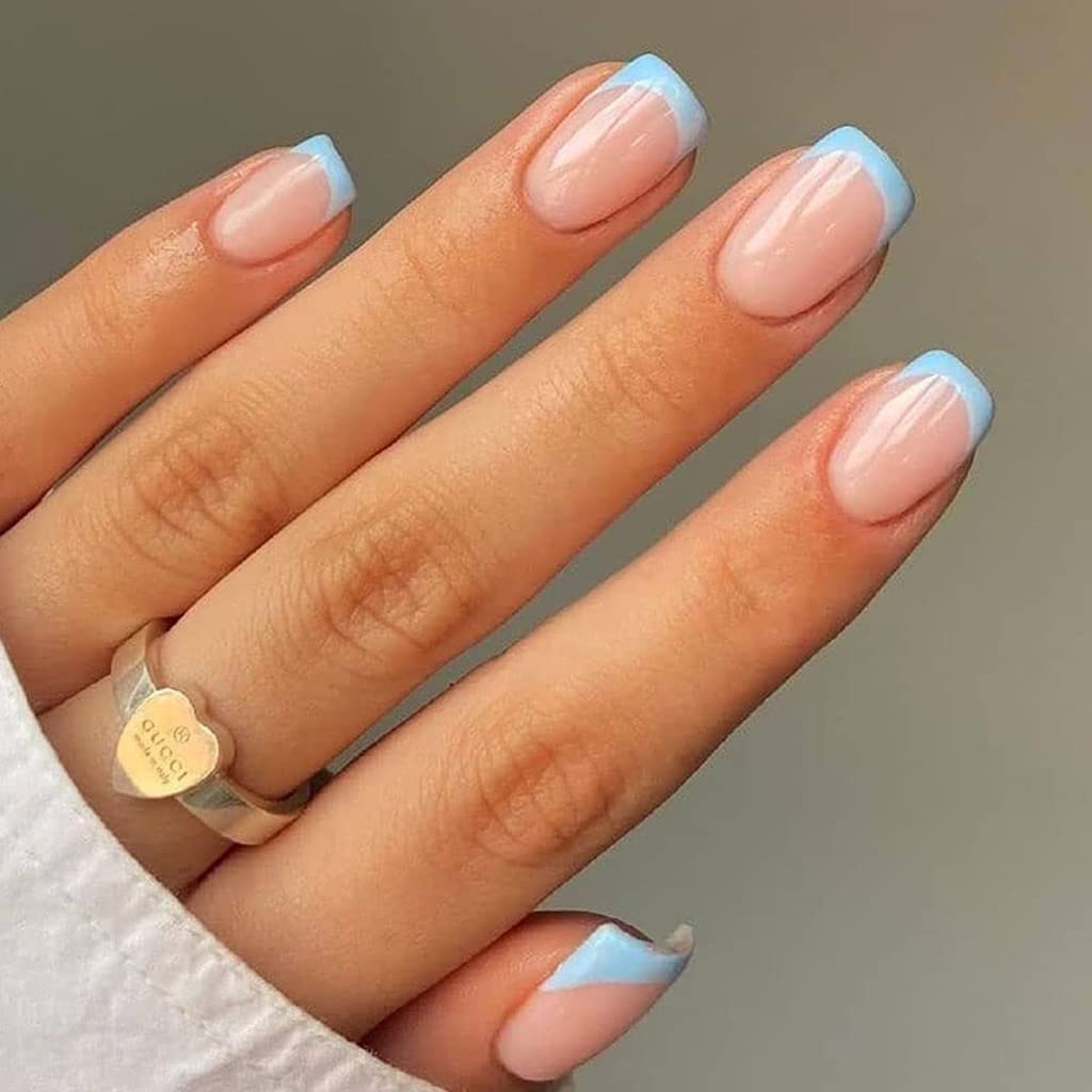 RikView uñas prensadas frances oval azul con brillo, ideales para look diario.