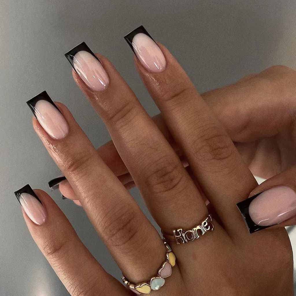 RikView uñas punta francesa negro nude, estilo elegante para uso diario