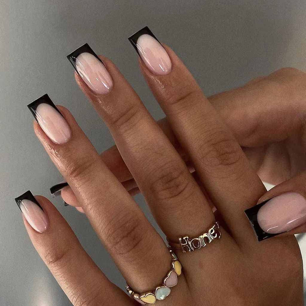 RikView uñas punta francesa negro nude, estilo elegante para uso diario