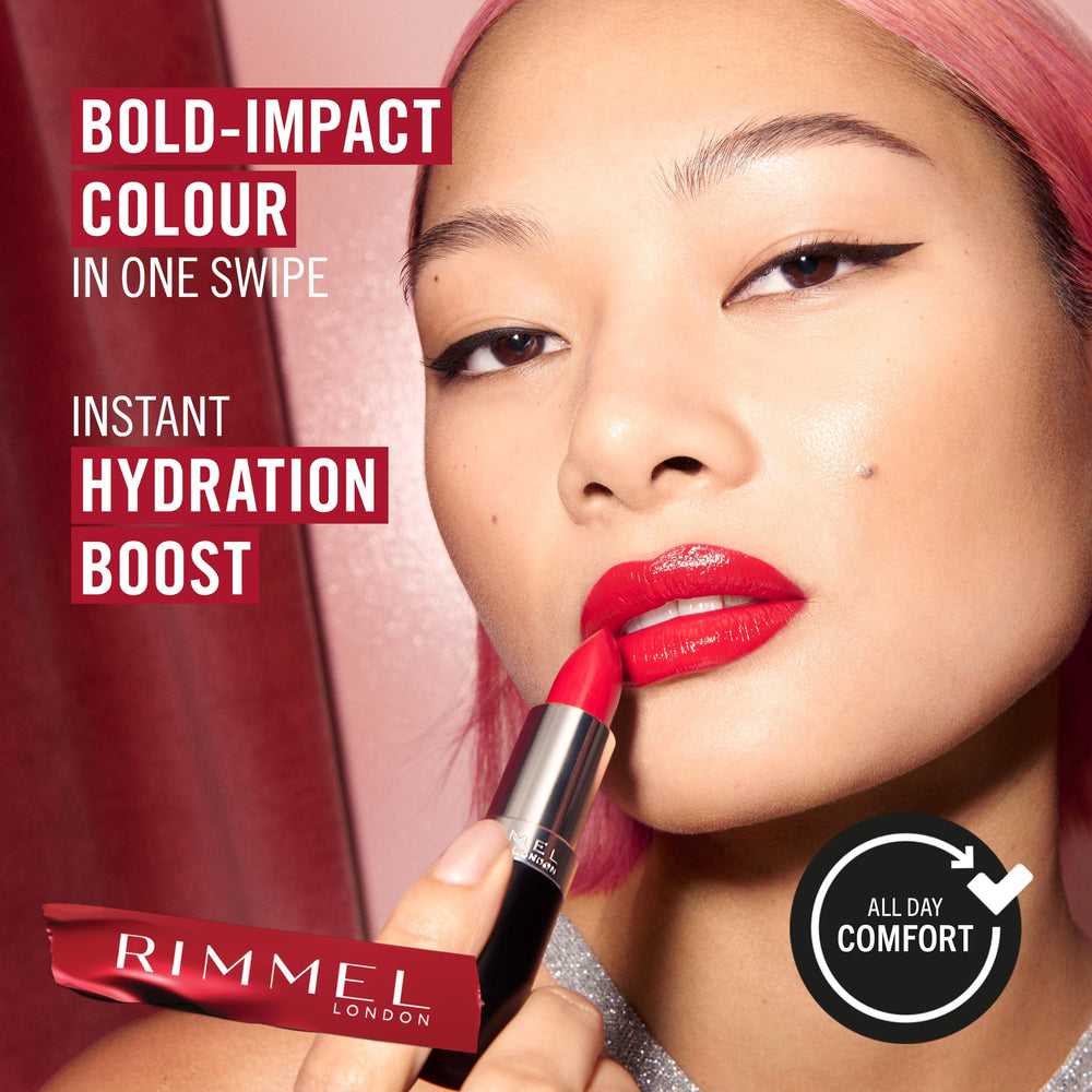 Rimmel Lasting Finish Satin ofrece brillo natural y luminosidad en los labios.