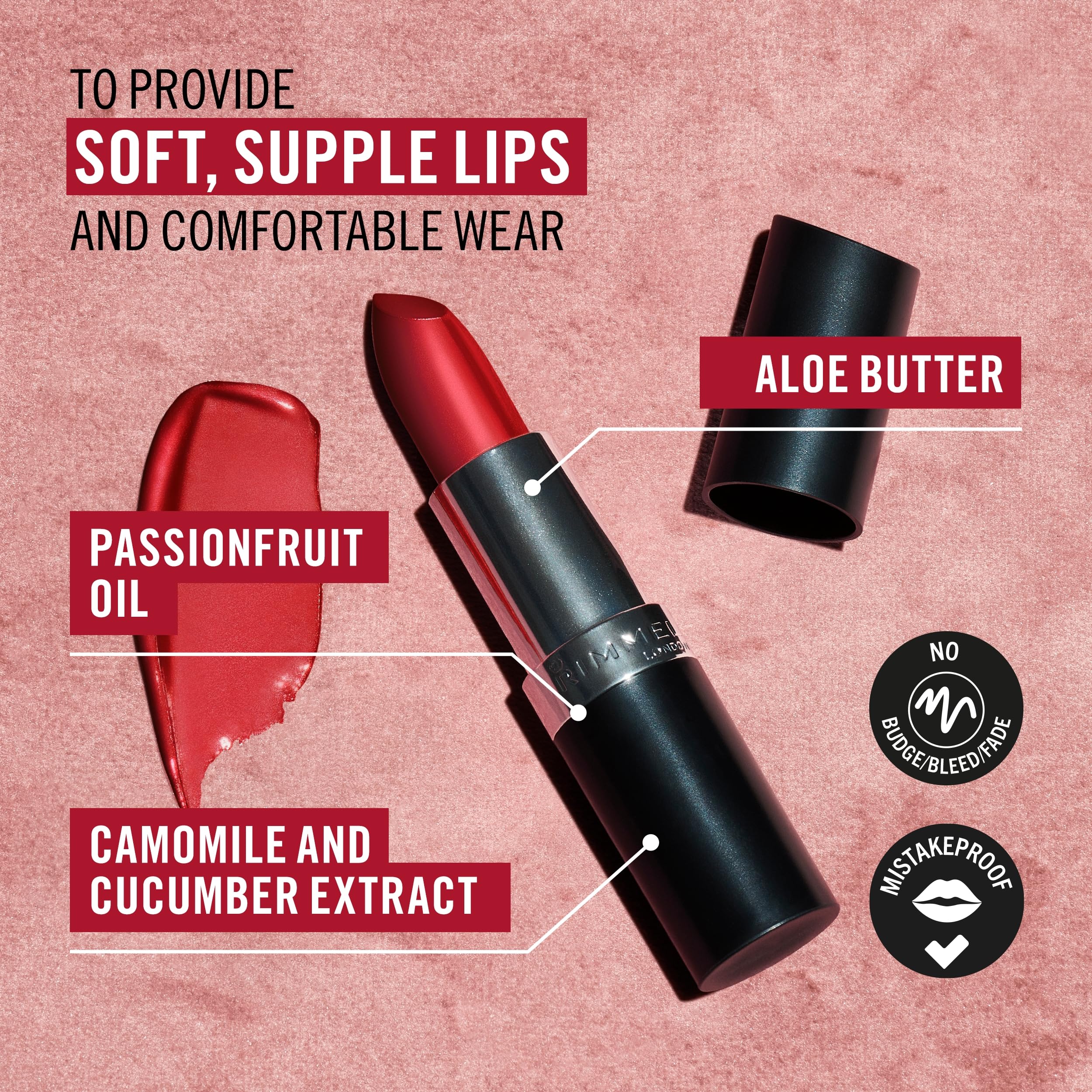 Rimmel Lasting Finish Satin con condicionadores bálsamo y aceite de ricino para brillo suave.