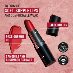 Rimmel Lasting Finish Satin con condicionadores bálsamo y aceite de ricino para brillo suave.