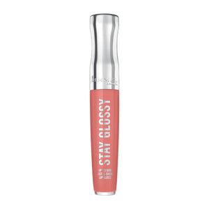 Rimmel Stay Glossy Perfect Peony en botella, brillo sedoso y color duradero.