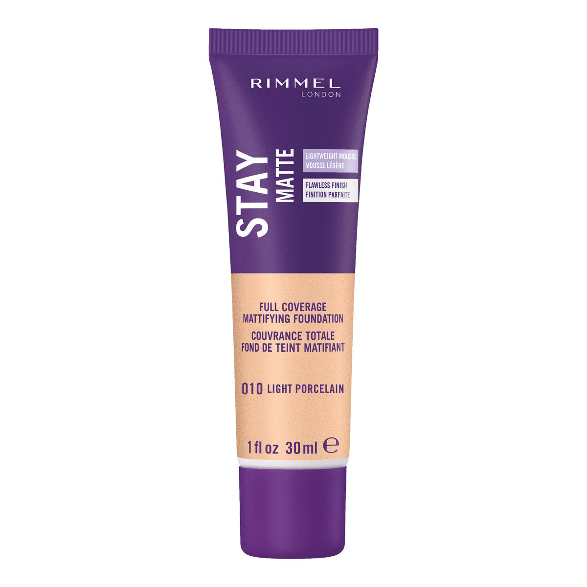 Rimmel Stay Matte Light Porcelain en bote, acabado mate duradero para piel grasa.