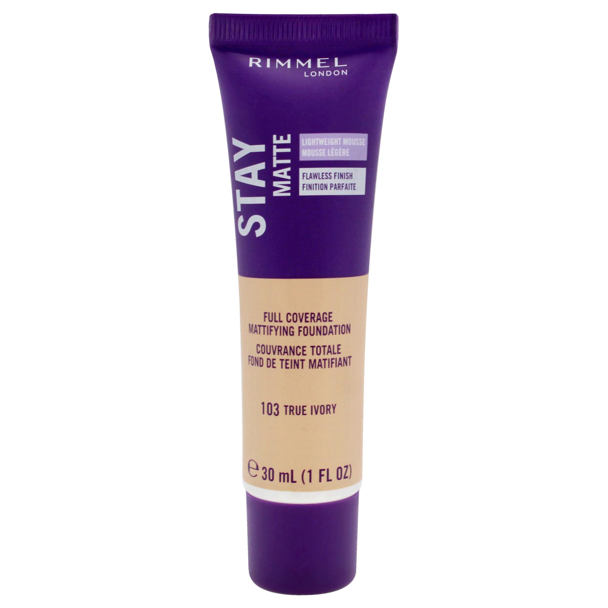 Rimmel Stay Matte True Ivory, envase frente, acabado mate duradero