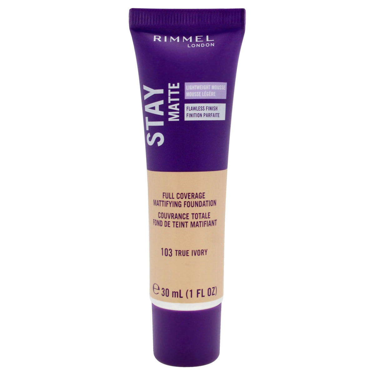 Rimmel Stay Matte True Ivory, envase frente, acabado mate duradero