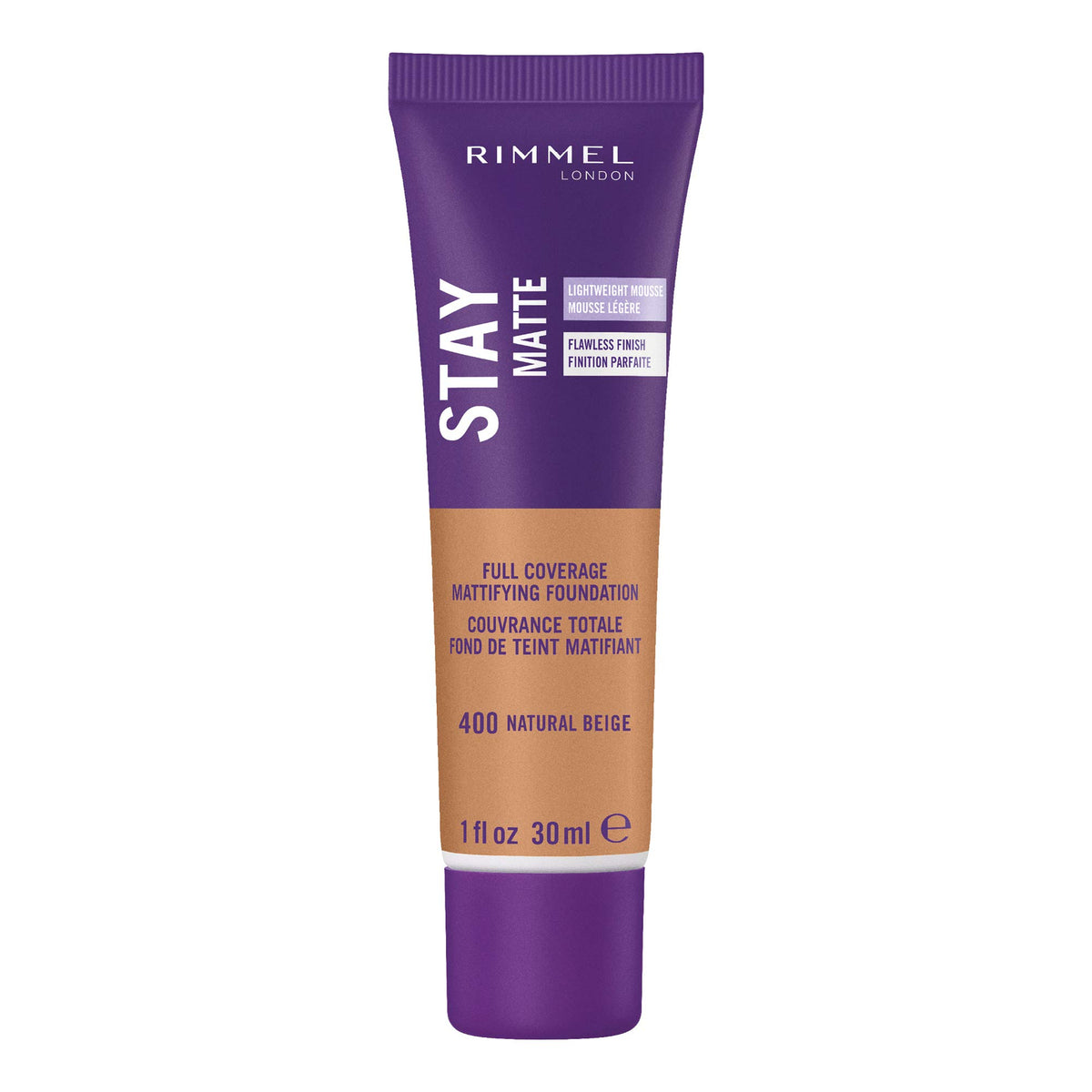 Rimmel Stay Matte Liquid Mousse tono Natural Beige, acabado mate ligero para piel grasa.
