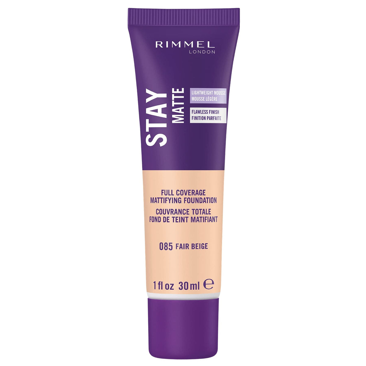 Rimmel Stay Matte Mousse en envase: control de brillo todo el día para piel grasa.