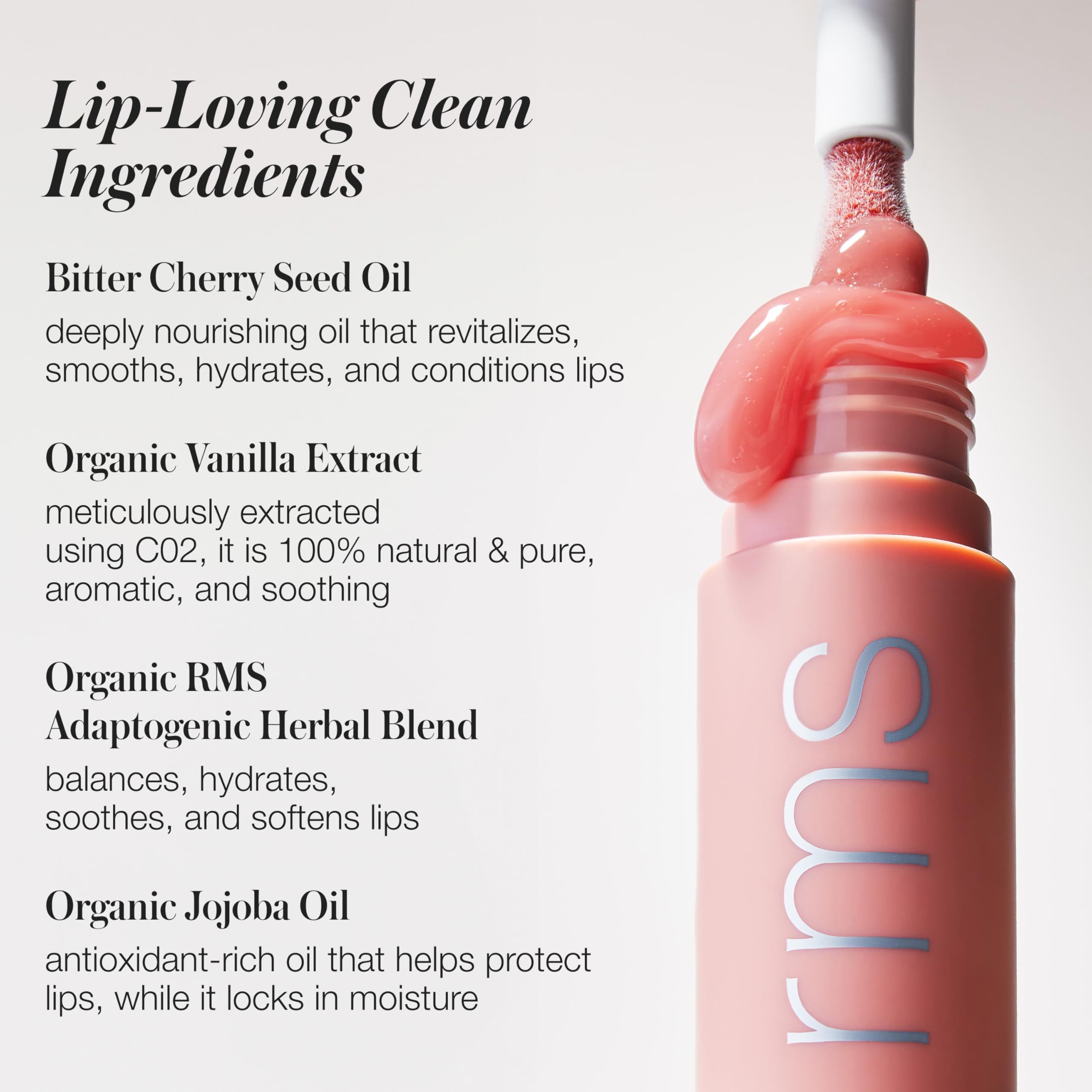 RMS Beauty Aceite labial legendario, labios con acabado brillante y cómodo.