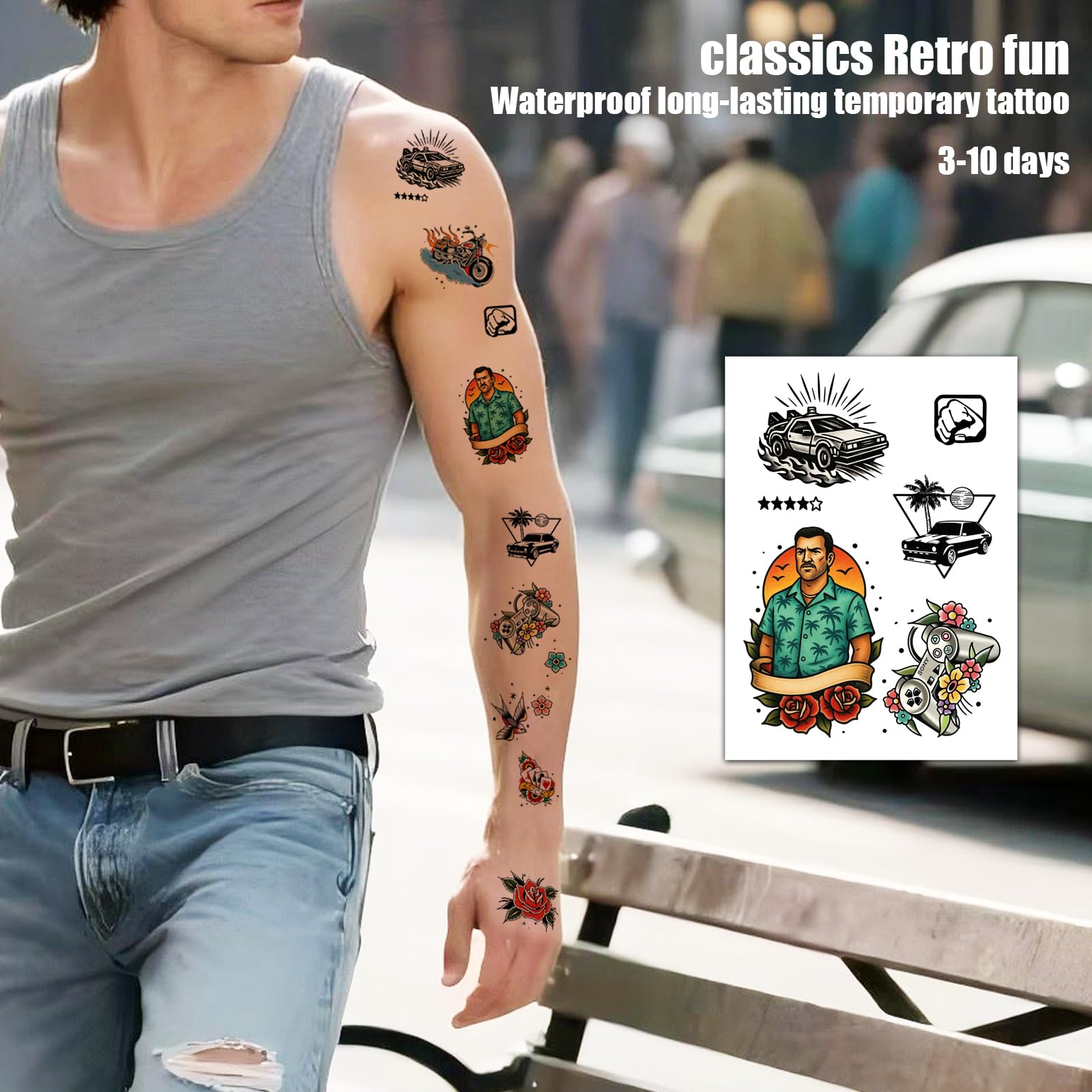 Roarhowl tatuajes retro coches clásicos: contraste llamativo para atuendos diarios.