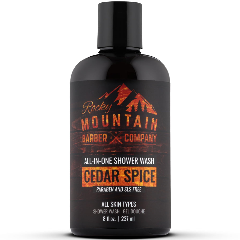 Rocky Mountain Barber Company Cedar Spice Todo-en-uno en botella, enfoque en el envase y presentación