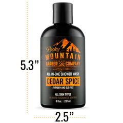 Etiqueta frontal de Cedar Spice Todo-en-uno de Rocky Mountain Barber Company