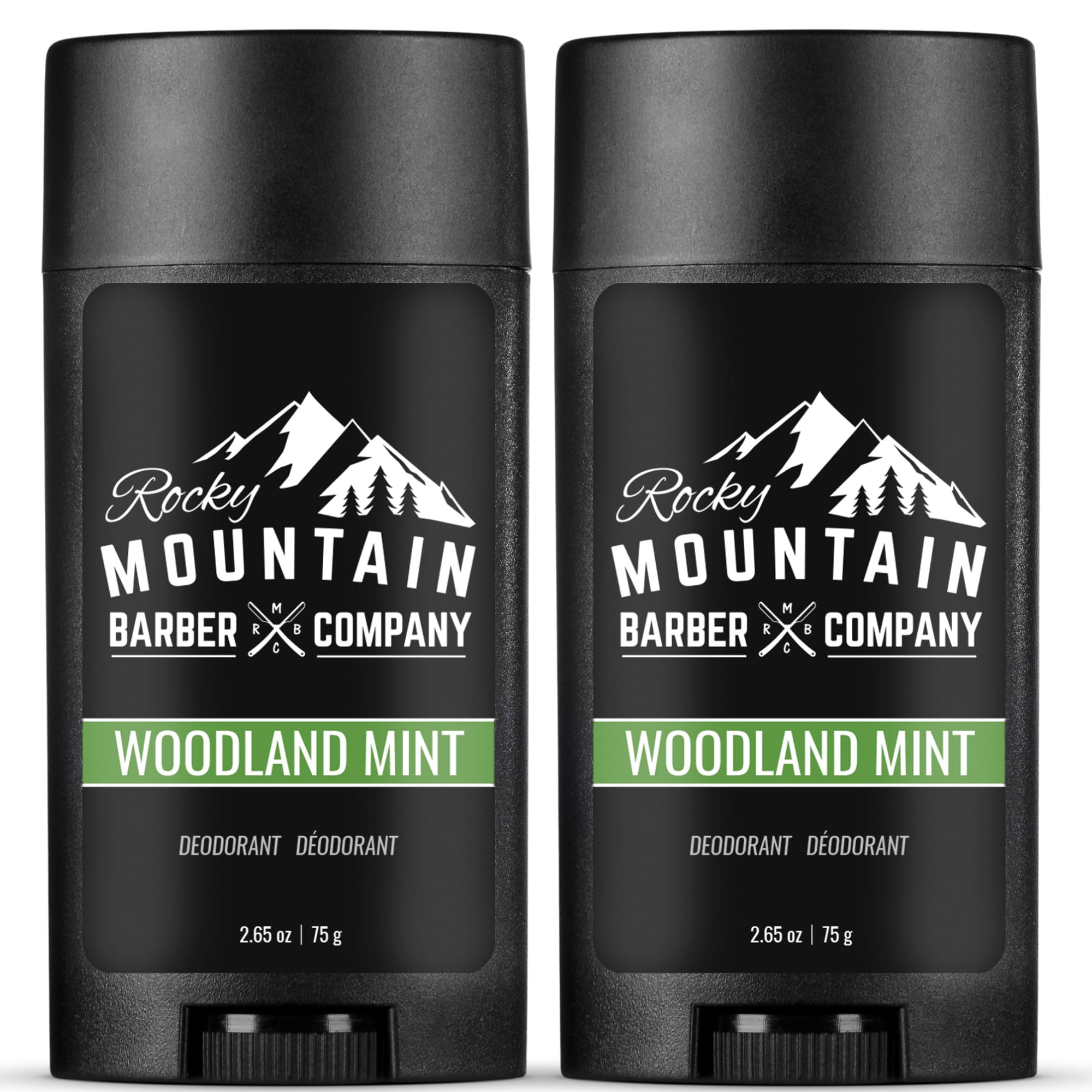Desodorante natural Rocky Mountain Barber Company para hombres, botella con aroma fresco de menta del bosque. Protección duradera.