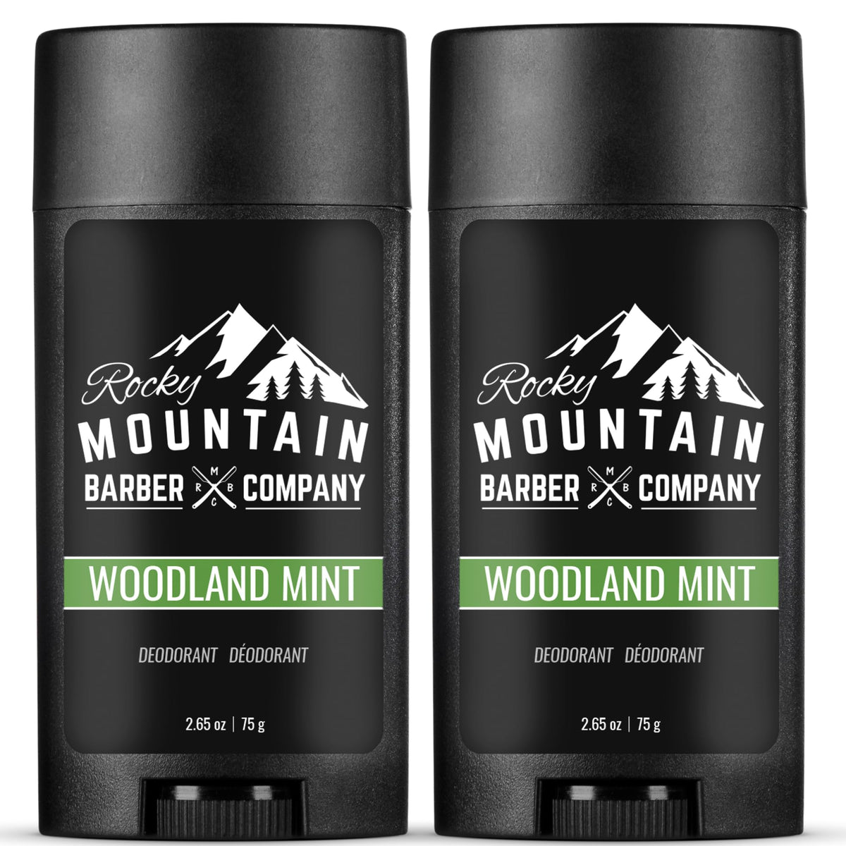 Desodorante natural Rocky Mountain Barber Company para hombres, botella con aroma fresco de menta del bosque. Protección duradera.