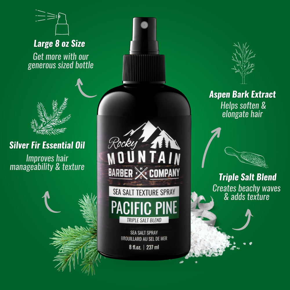 Etiqueta de Rocky Mountain Barber Company Spray Sal Marina con detalle de ingredientes