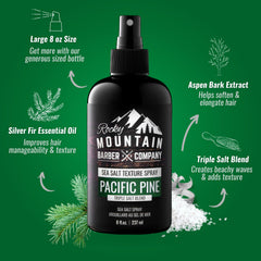Etiqueta de Rocky Mountain Barber Company Spray Sal Marina con detalle de ingredientes