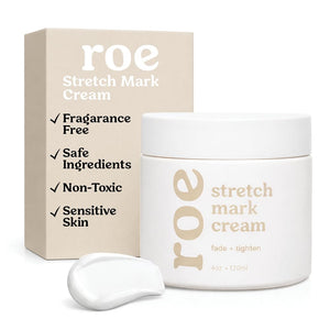 Roe Wellness crema de estrías para embarazo en frasco, textura suave.