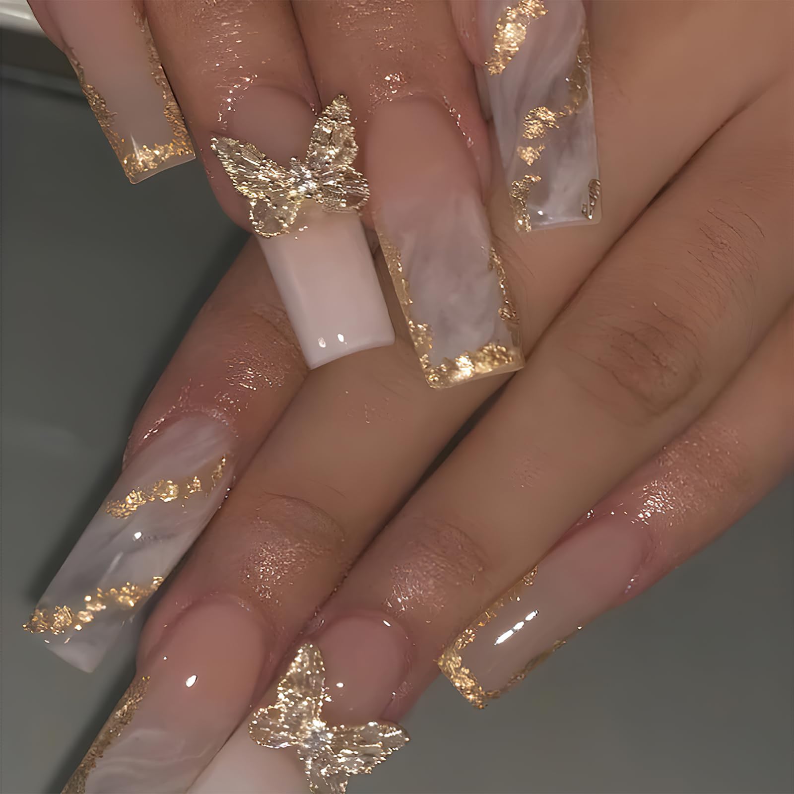 ROFIBUT uñas falsas glitter dorado largas para un look glamoroso