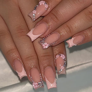 ROFIBUT únas rosa 3D French Tip con cristales para brillo duradero