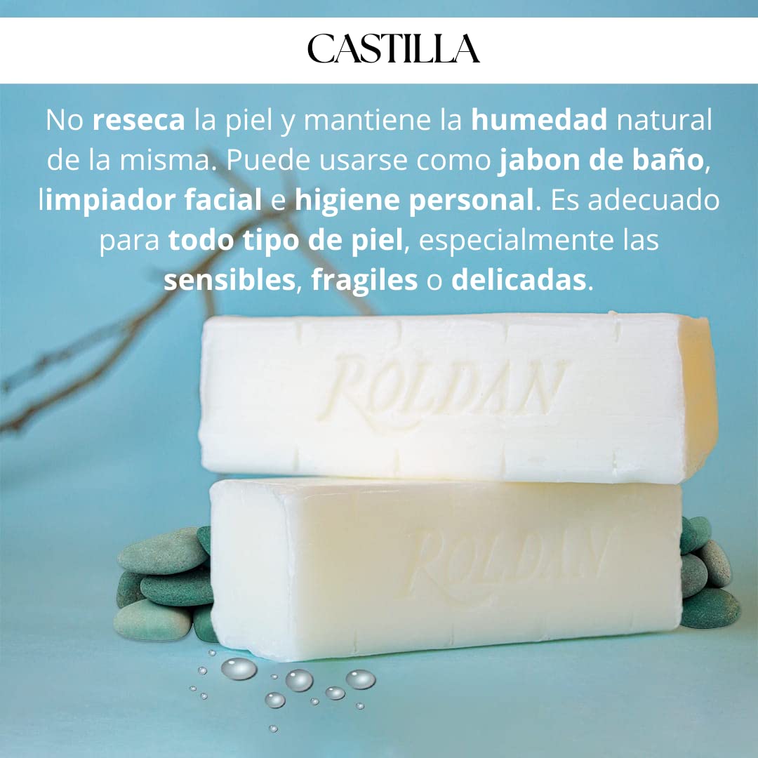 Roldán Jabón Castilla, textura cremosa, limpieza suave sin resecar la piel.