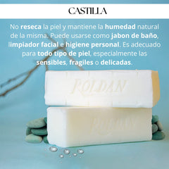 Roldán Jabón Castilla, textura cremosa, limpieza suave sin resecar la piel.
