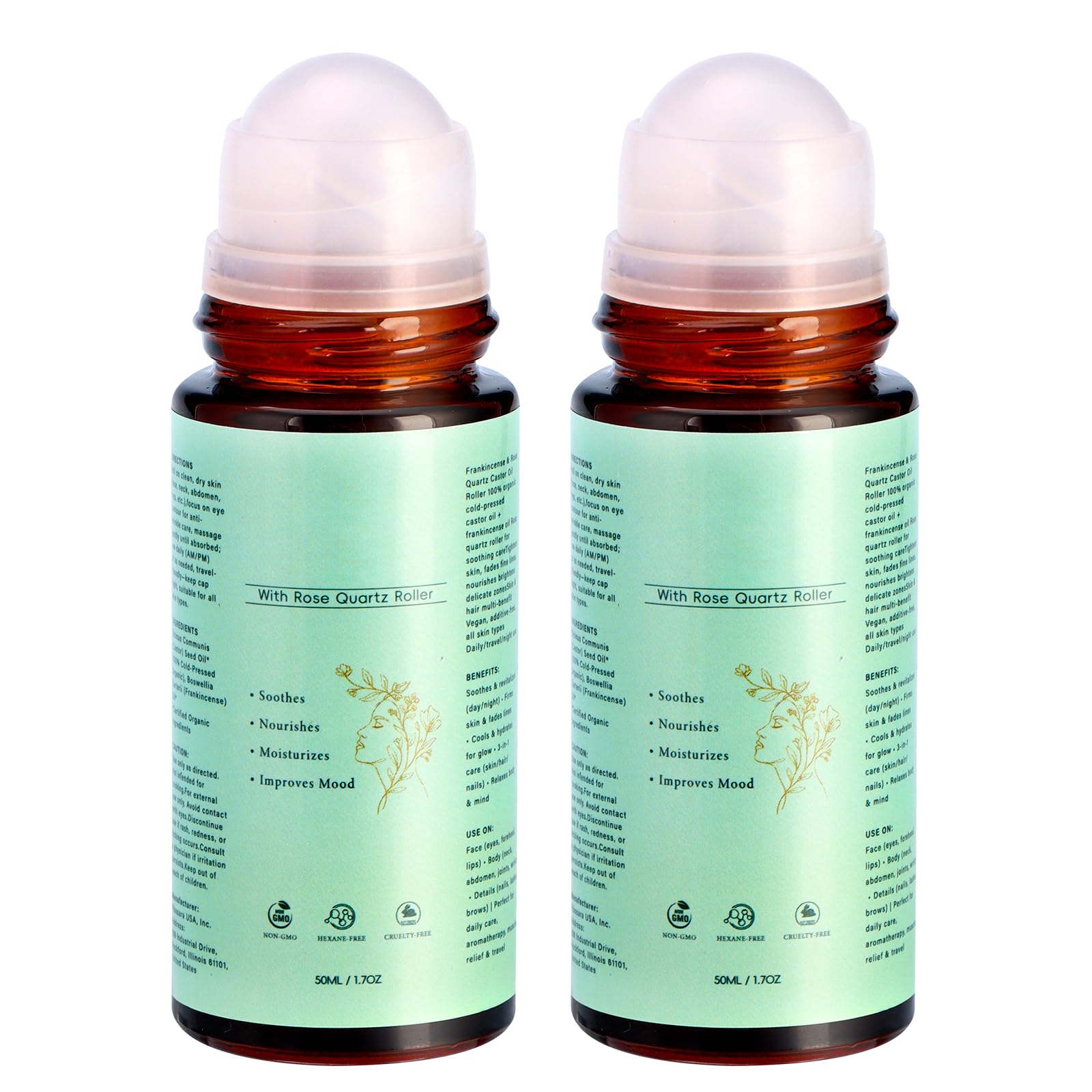 Roll-On Aceite Ricino Orgánico con Incienso y Cuarzo Rosa, para piel radiante.
