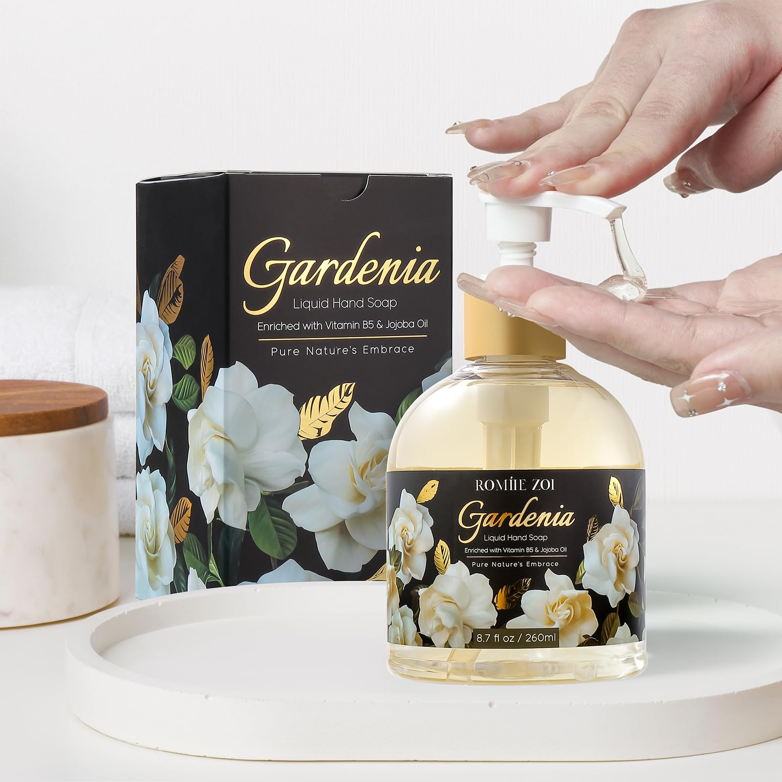 ROMIIE ZOI jabón líquido Gardenia con jojoba y vitamina B5 para nutrir manos