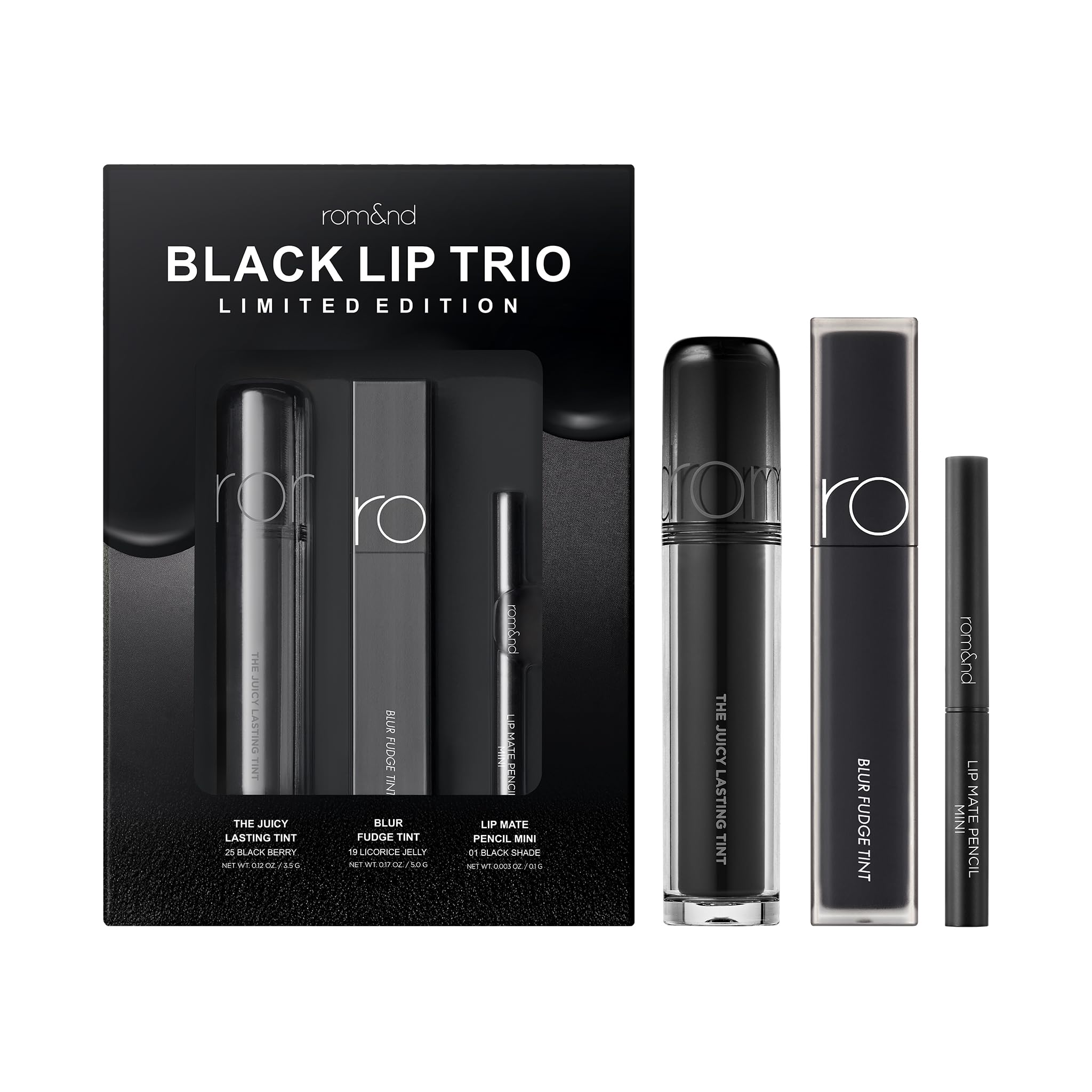 Rom&nd BESO NEGRO TRIO envase compacto para retoques diarios.